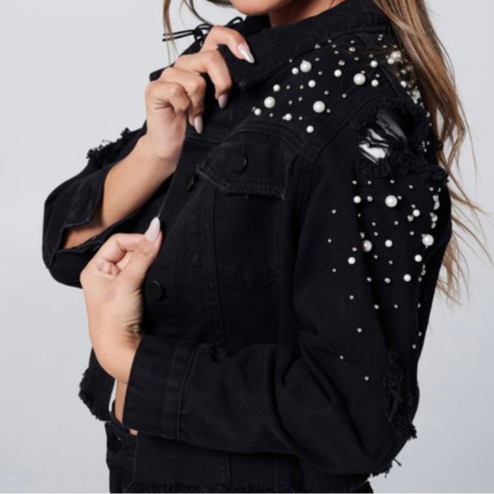 New|Pearl Rhinestone Black Denim Jacket.